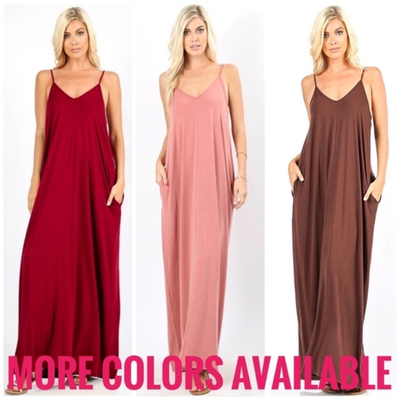 CABERNET red adjustable spaghetti strap maxi dress with pockets S M XL - Picture 3 of 6